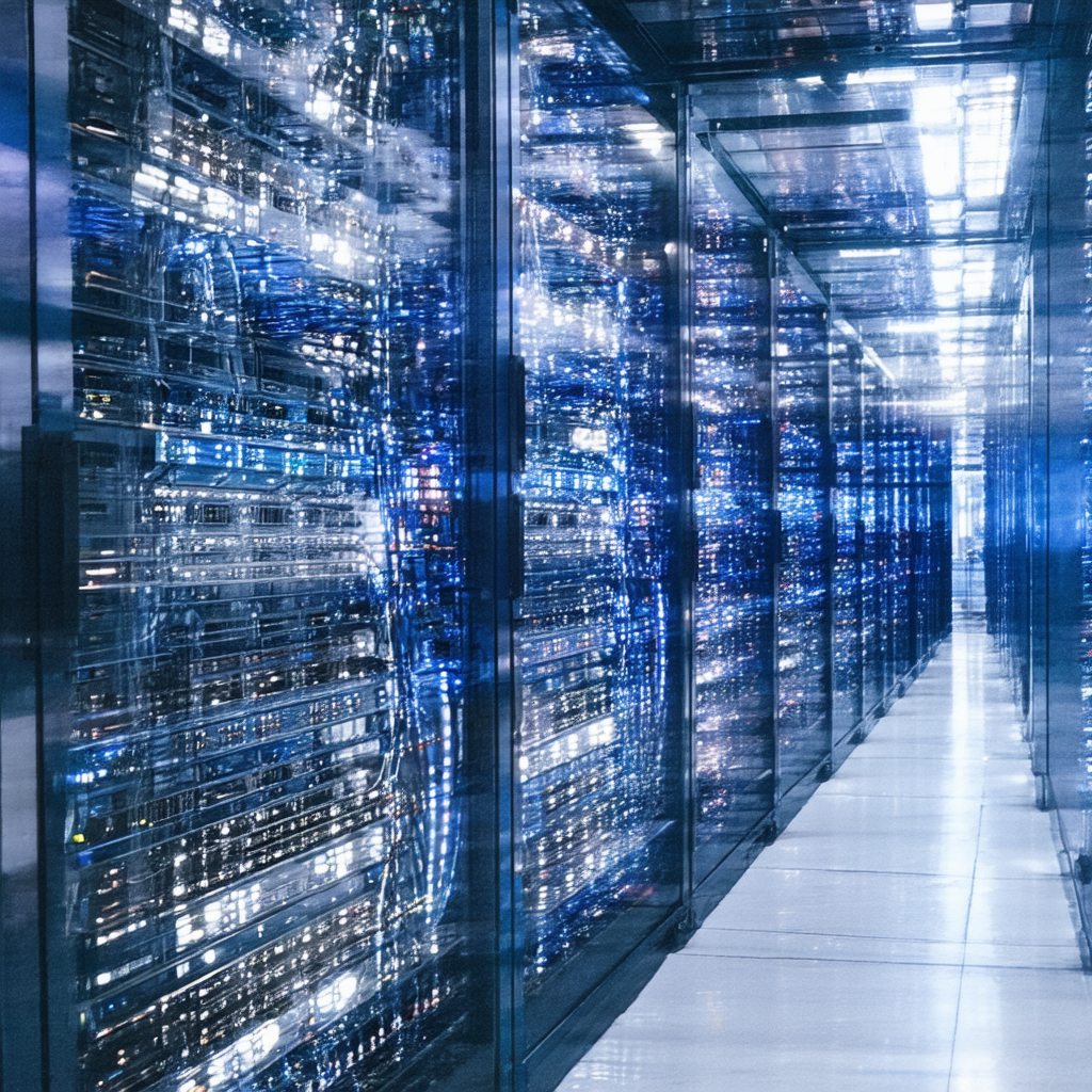 A row of professional server racks in a data center with blue cabling and blinking status lights.