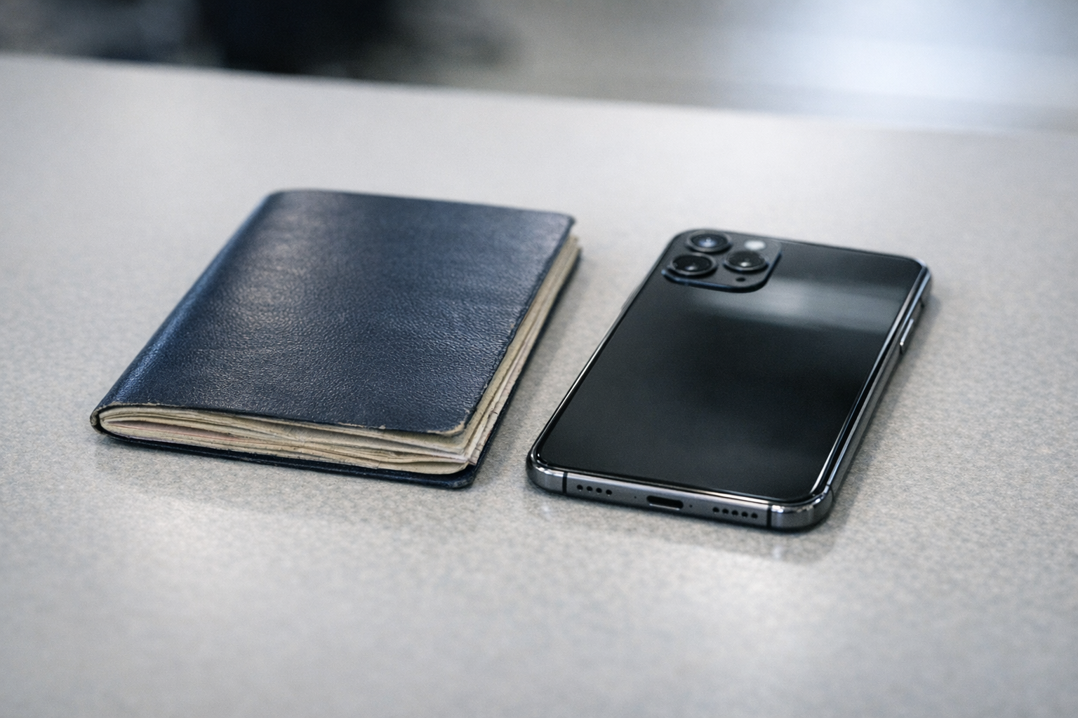 A passport and a smartphone resting on a clean surface.