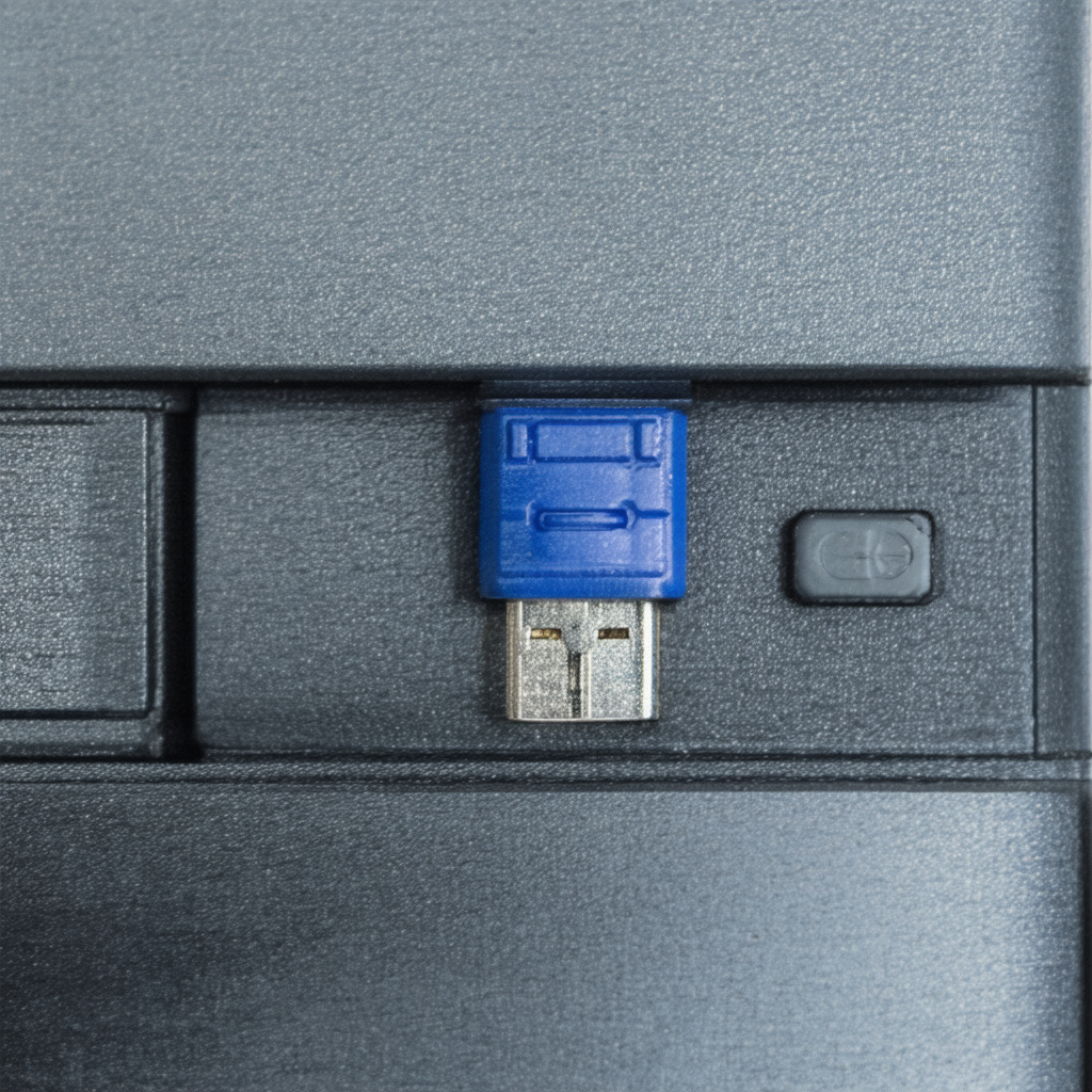 A physical security key plugged into a USB port of a computer.