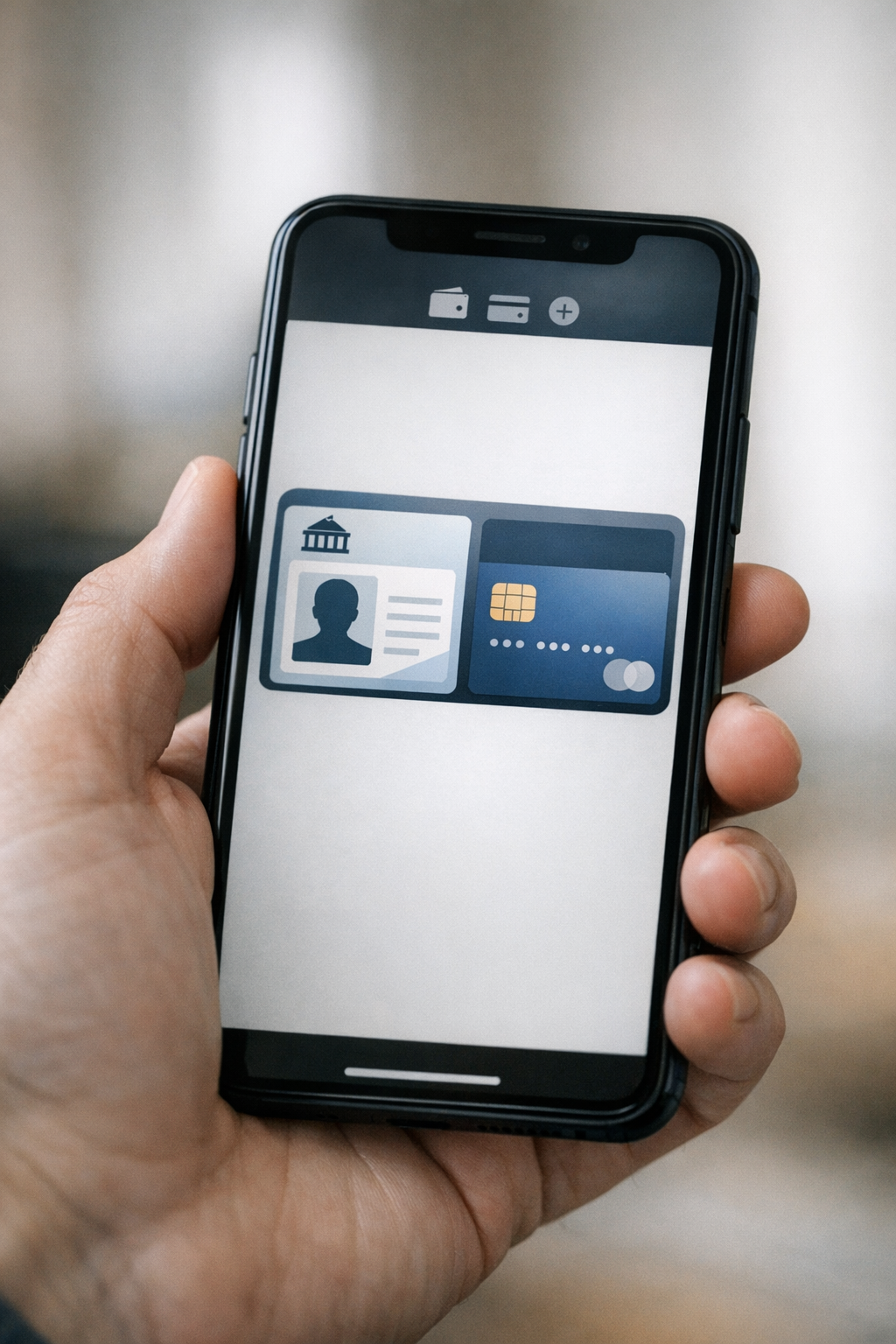 A smartphone screen showing a digital identity card and a payment card side by side