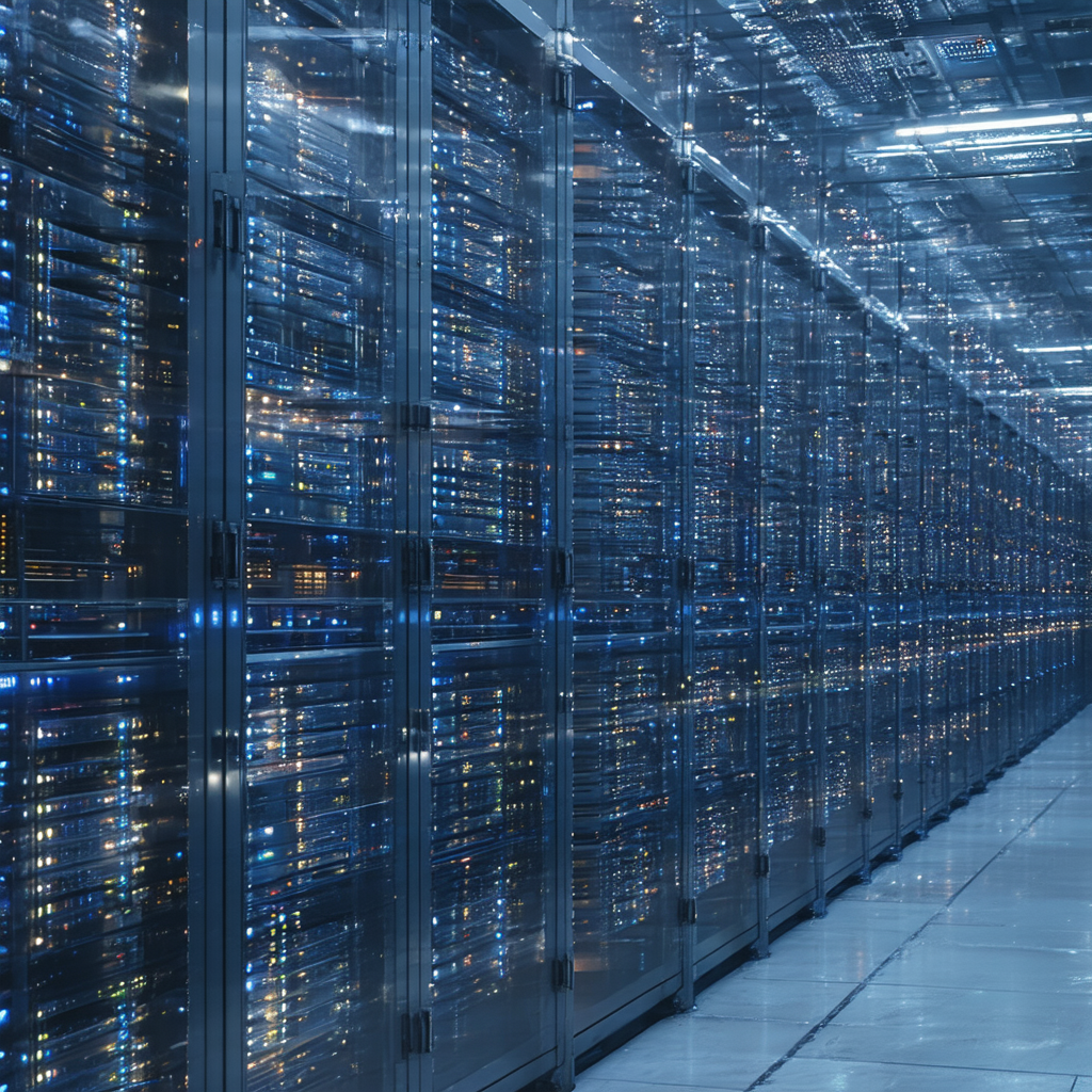A server rack with glowing blue status lights in a data center corridor